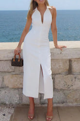 Lapel Sleeveless Single-breasted Midi Dress