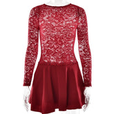 Lace Sheer Patchwork Ruffle Long Sleeve Mini Dress