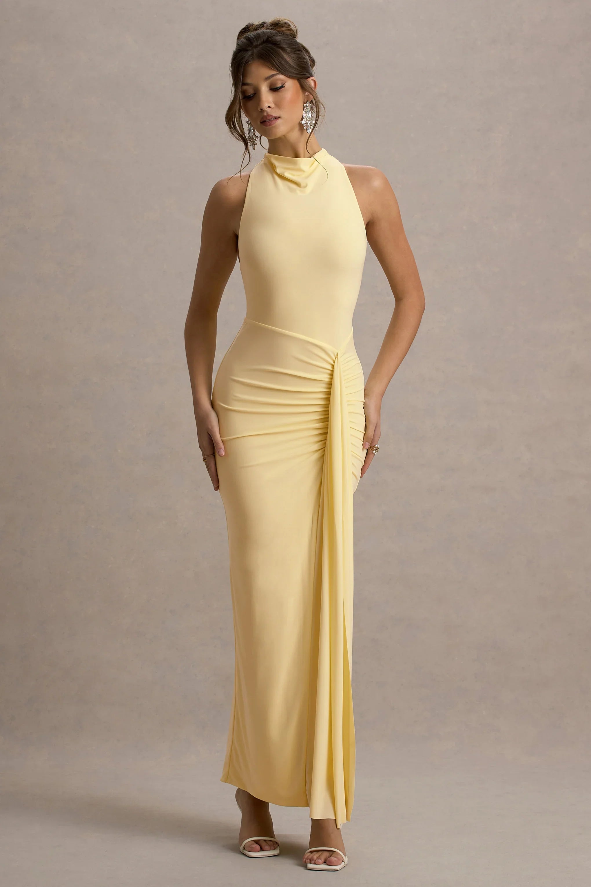 Sunflower | Pale Lemon Ruched High-Neck Split Maxi Dress