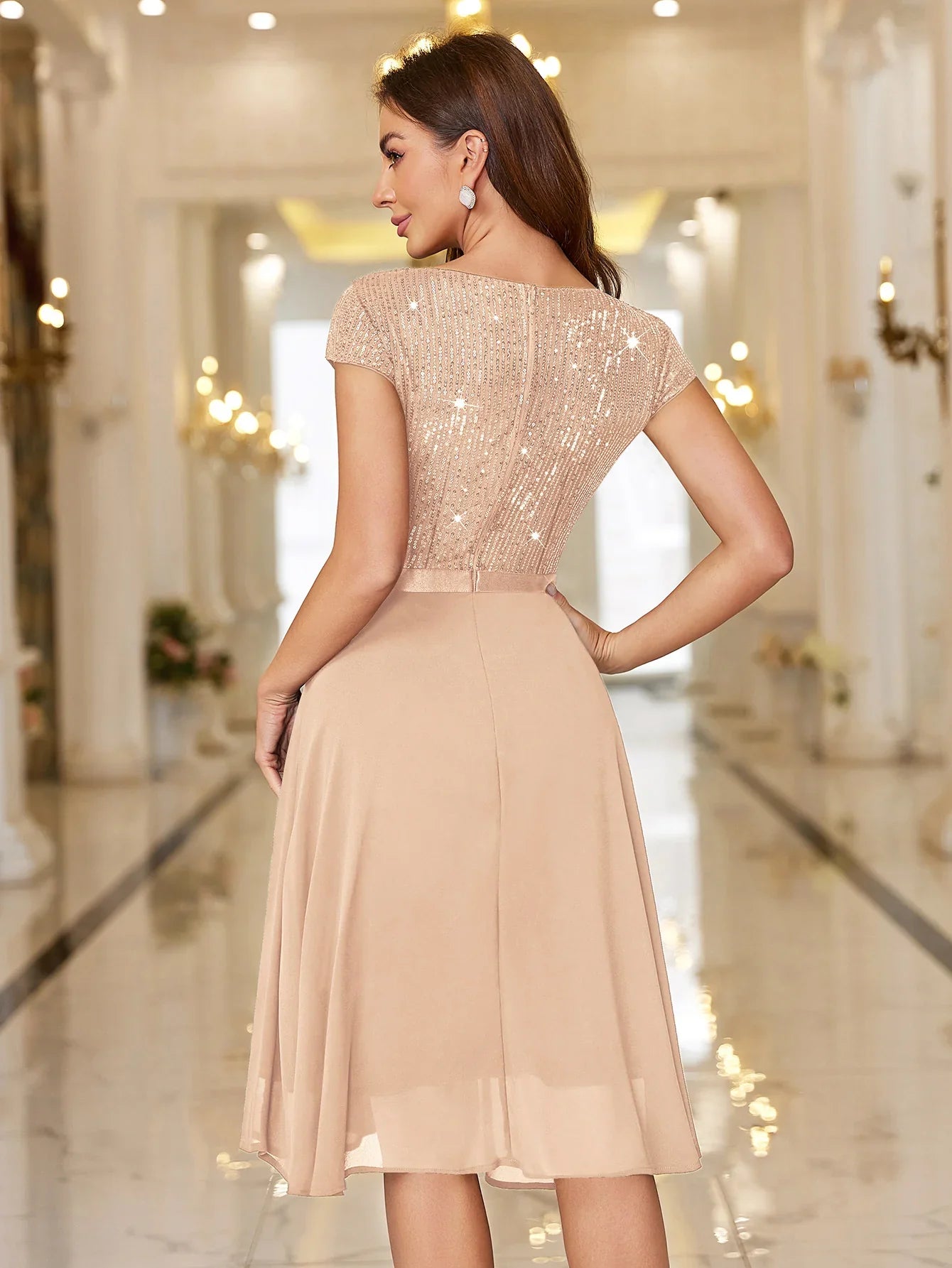 Sequin Lace Ruffle Trim Chiffon Cocktail Party Swing Dress for Weddings, Proms & Formal Events