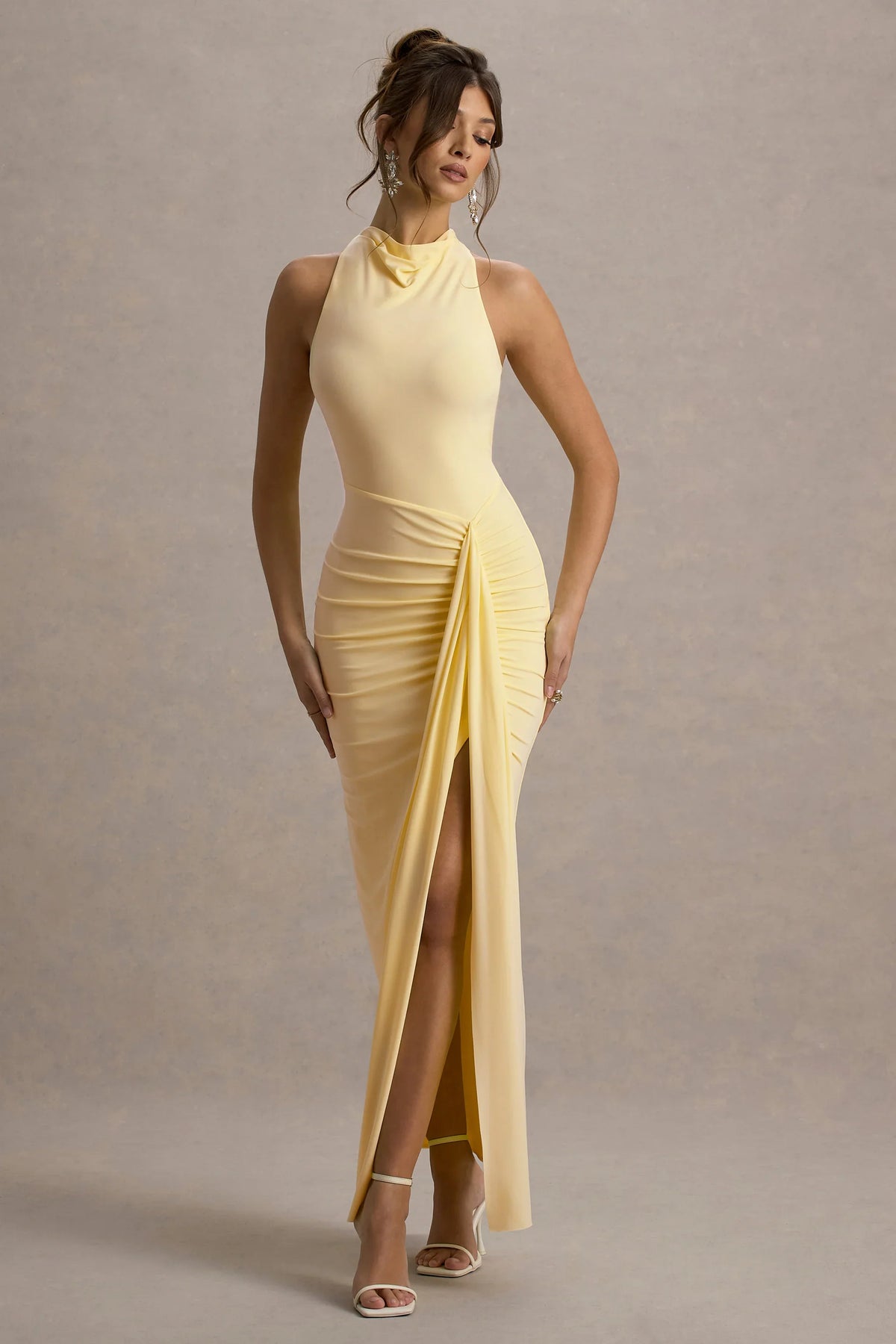 Sunflower | Pale Lemon Ruched High-Neck Split Maxi Dress