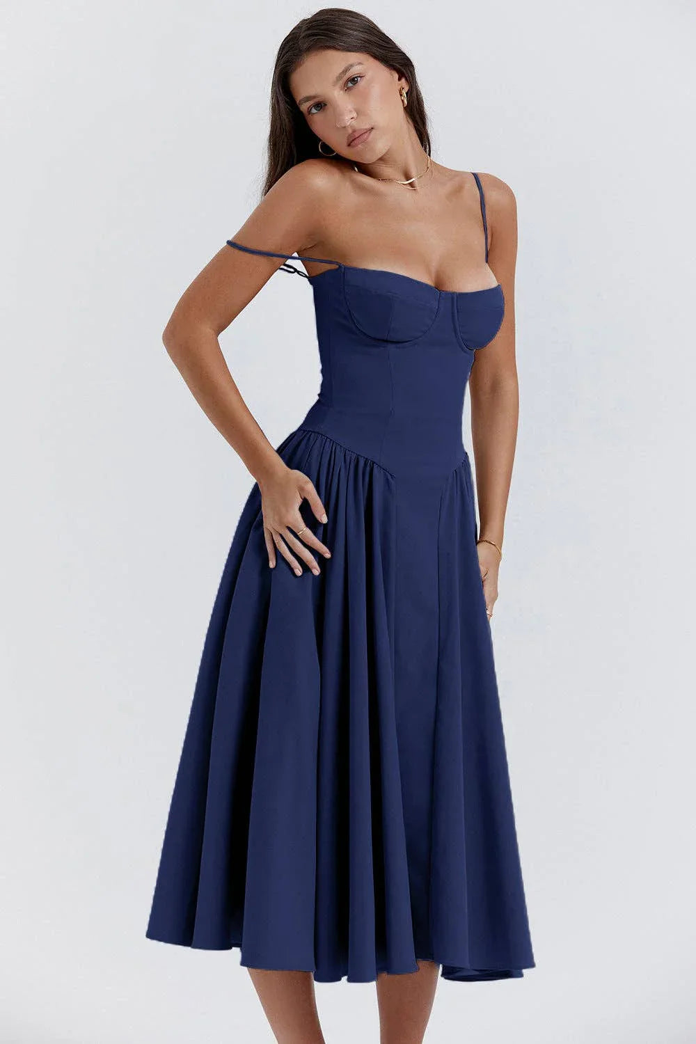 String Shoulder Solid Blue Women's Dress