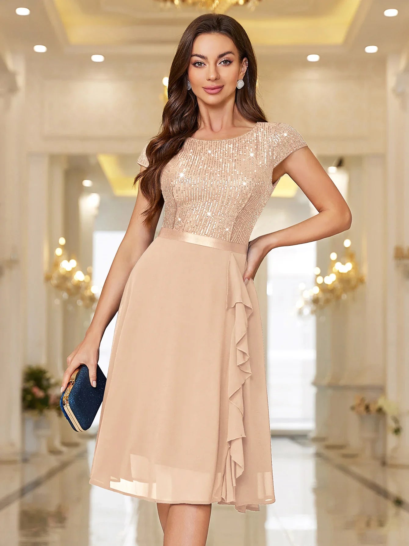 Sequin Lace Ruffle Trim Chiffon Cocktail Party Swing Dress for Weddings, Proms & Formal Events