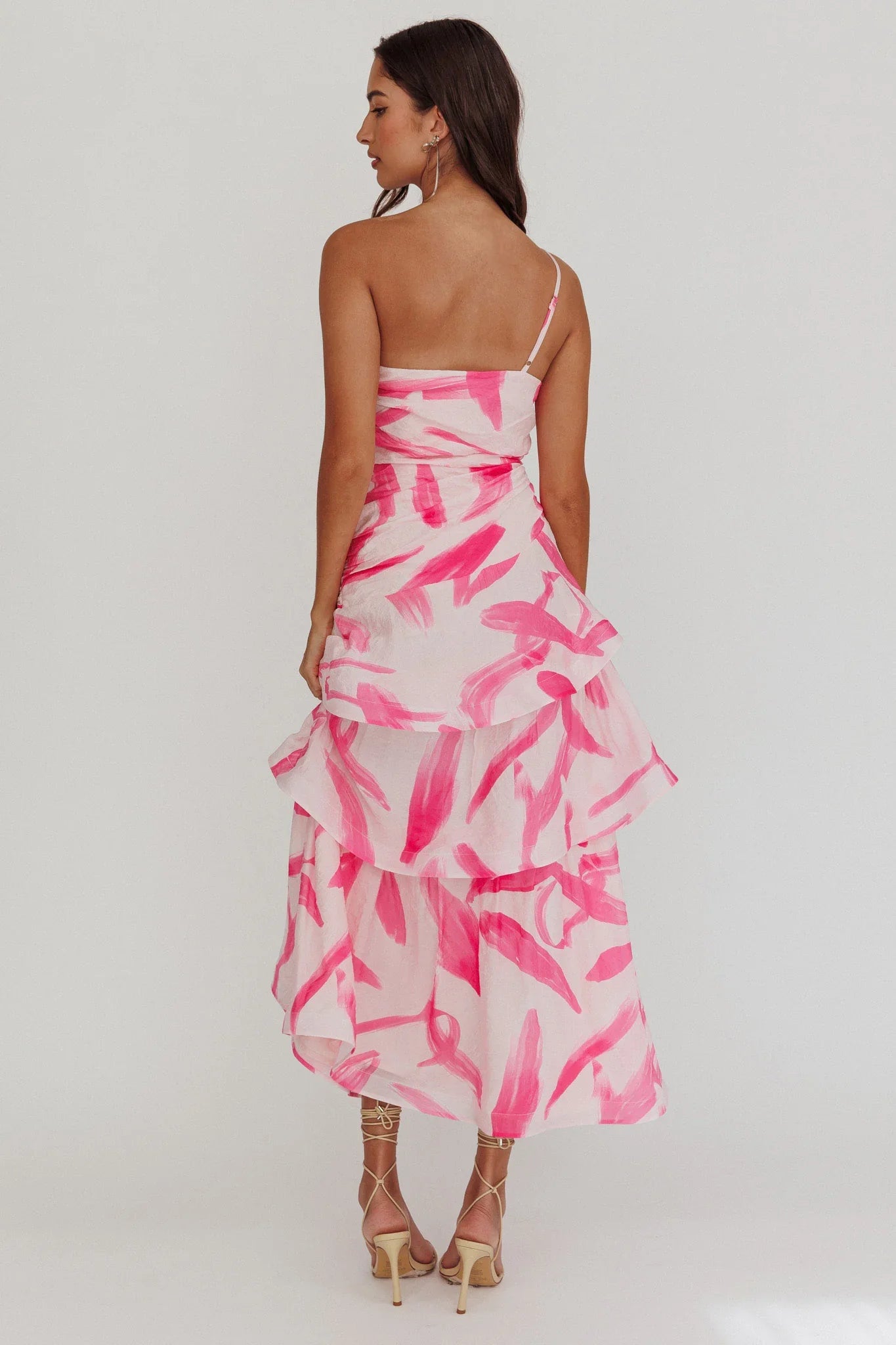 Kenny One Shoulder Tiered Maxi Dress Print Pink